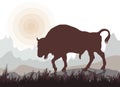Isolated silhouette of a bison . sun. Royalty Free Stock Photo